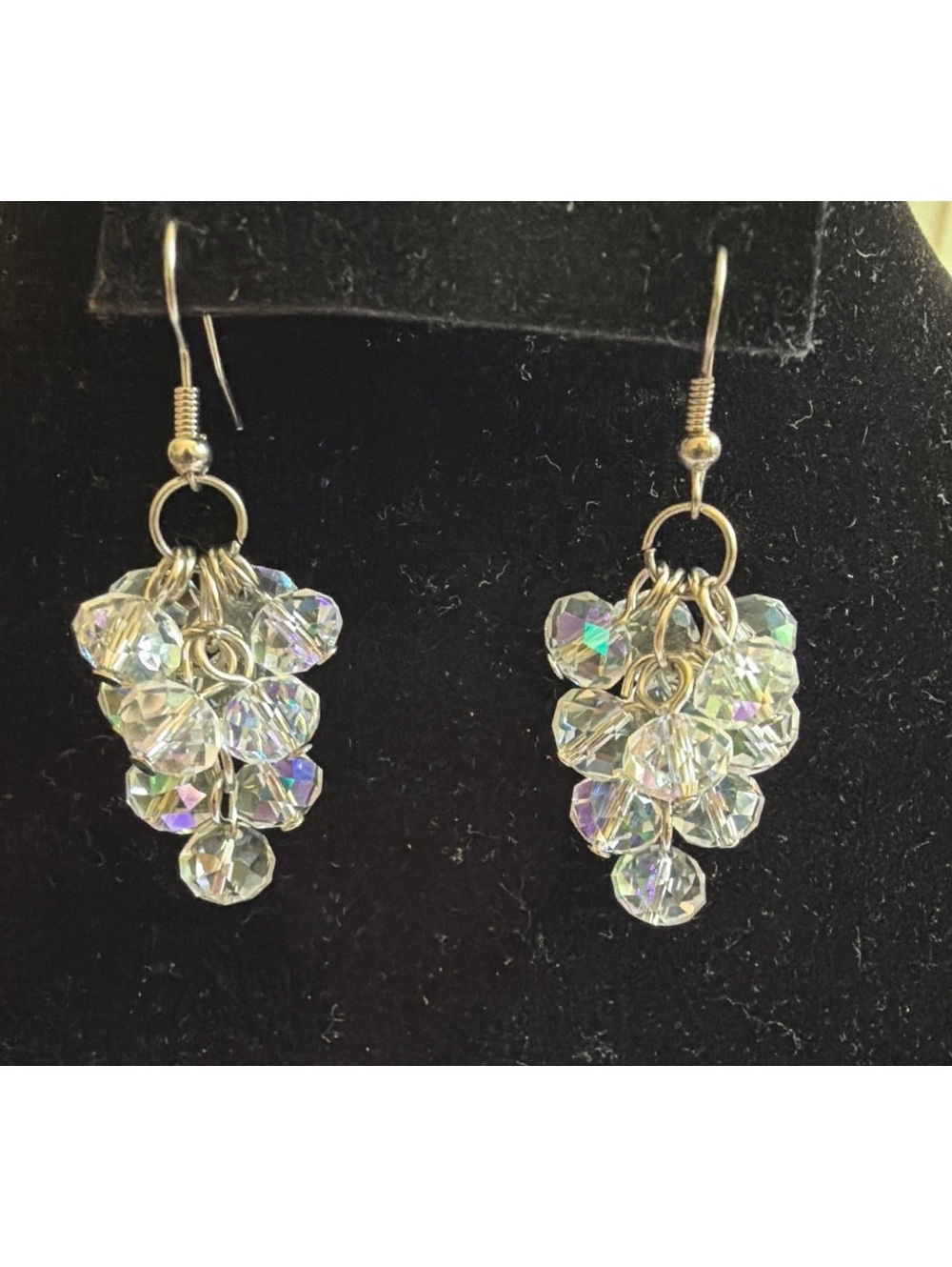 Vintage Iridescent Crystal Grape Cluster Dangle Drop Earrings AB Coated NOS